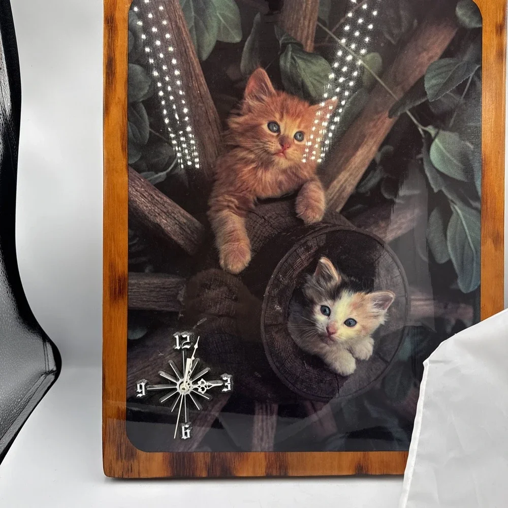Vtg Wood Framed Wall Clock Kittens Cats WORKS 20x16 Brown Decorative Collectible